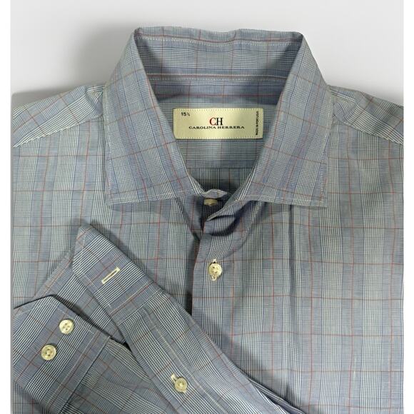 Carolina Herrera Medium Blue Plaid Dress Shirt Button Down Men's Size 15.5 - Picture 1 of 8